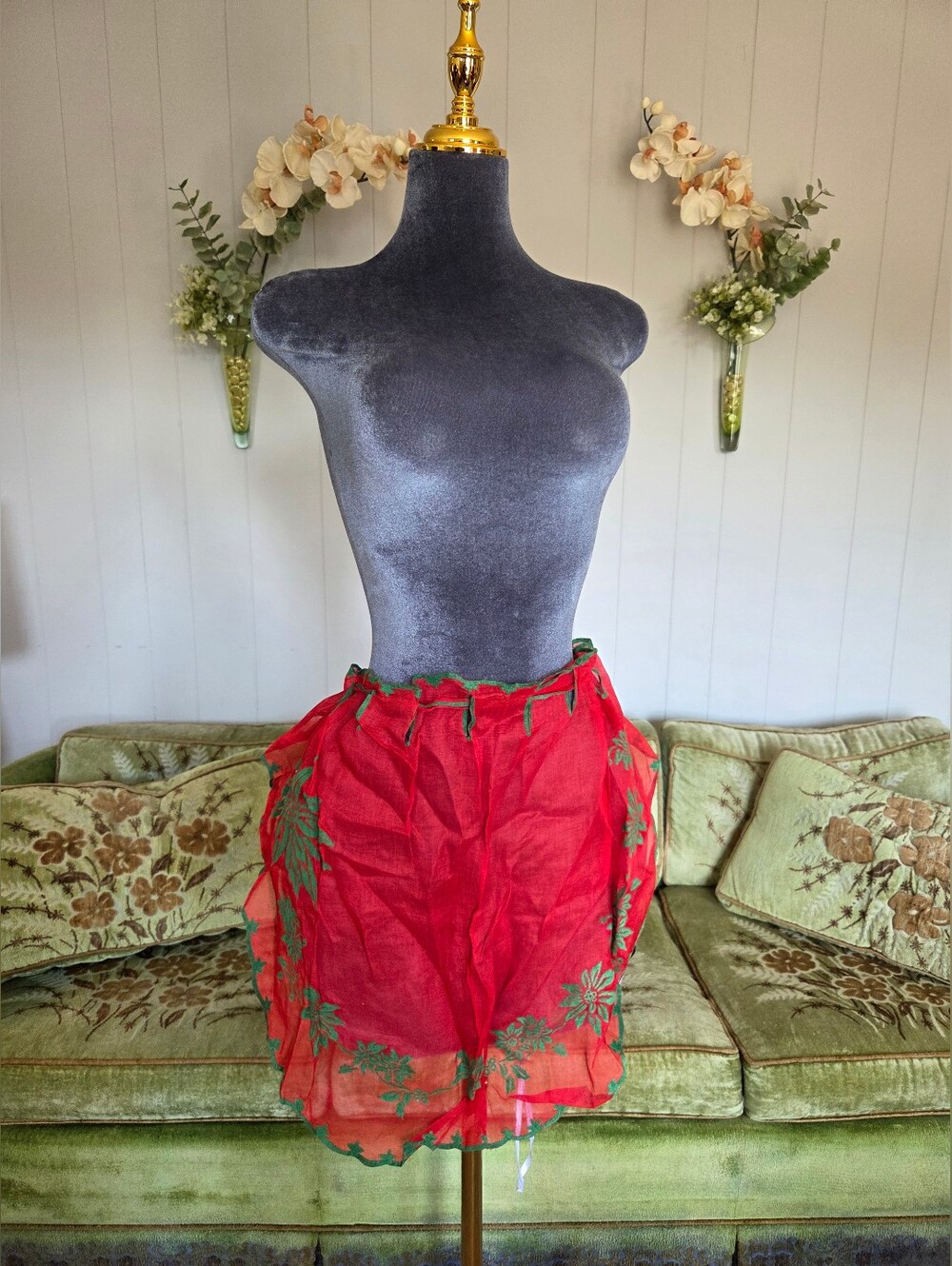 Vintage Red And Green Embroidered Sheer Apron